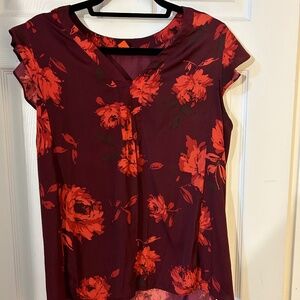 Joe Fresh Size L Red Flowery Flutter Cap Sleeve Blouse